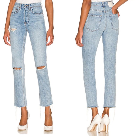 NWT GRLFRND Karolina High Rise Straight Crop Jeans Point Loma Distressed button - Picture 1 of 16